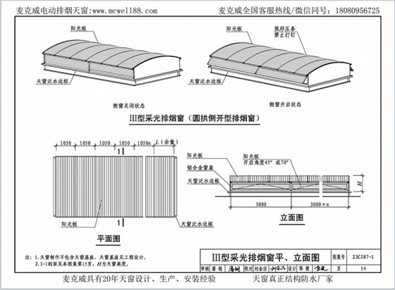 23CJ87-1采光、通風、消防排煙天窗（一）中III型側(cè)開式圓拱型電動采光排煙天窗