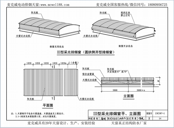 23CJ87-1采光、通風(fēng)、消防排煙天窗（一）中III型側(cè)開(kāi)式圓拱型電動(dòng)采光排煙天窗